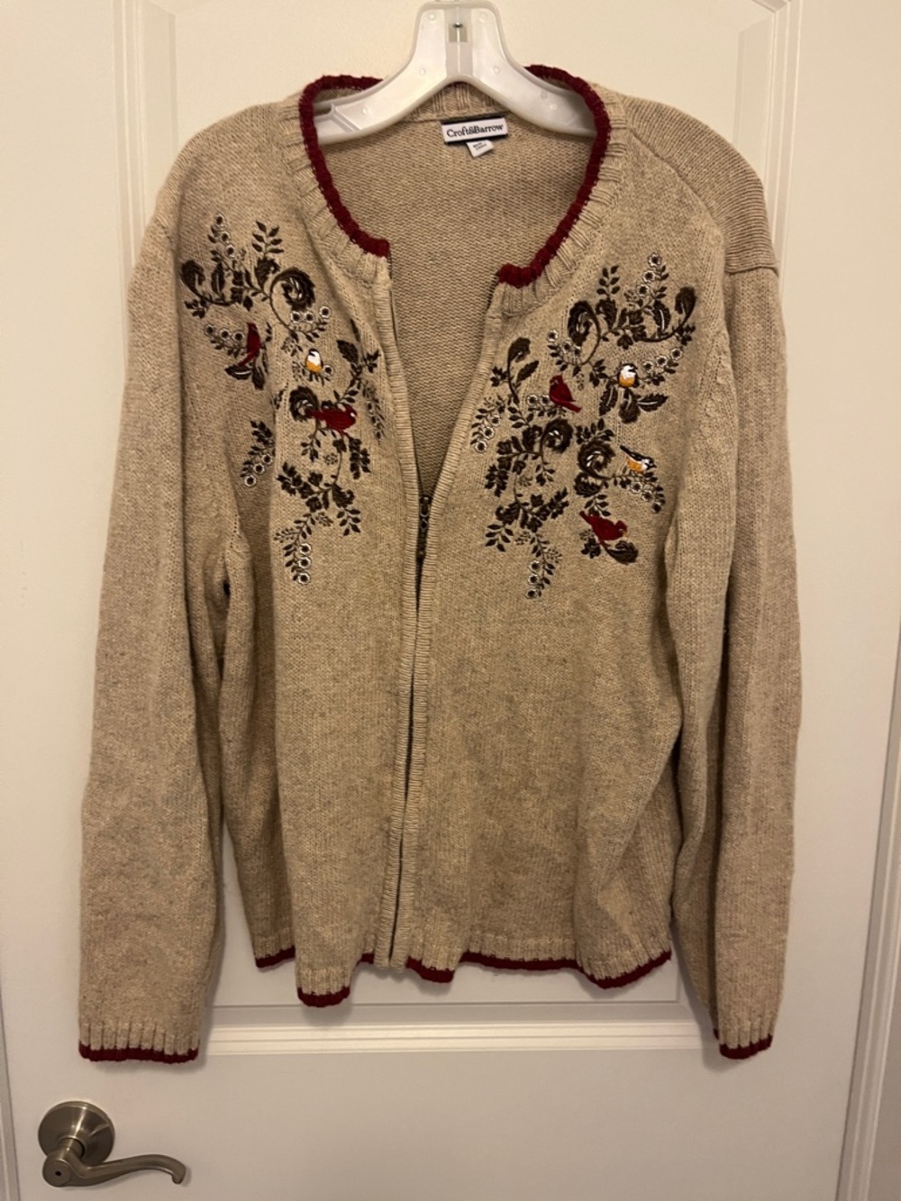 croft & barrow Beige Zip Cardigan with Red Trim and Embroidered Birds